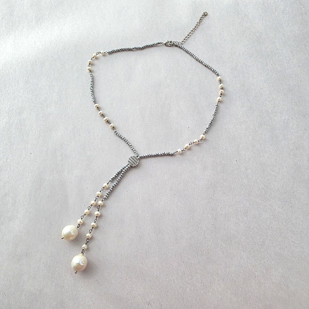 LUC Lucas Lameth Genuine Pearl Tassel Lariat Pendant Necklace 30” Stamped